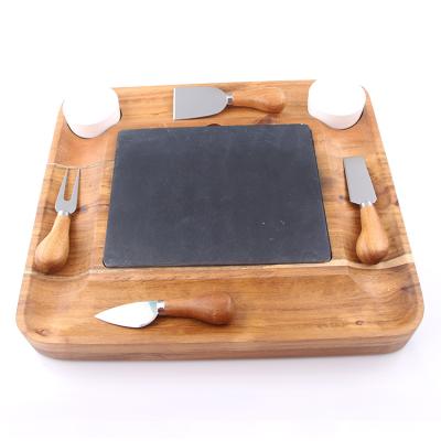 China Sustainable Acacia Cheese Board and Wooden Knife Set with Bamboo Marble Cutting Board Charcuterie Cheese Tray with Slide-Out Drawer for sale