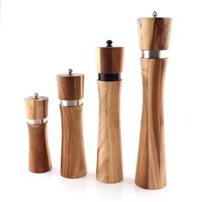 China Viable manual acacia wood salt and pepper grinder set with ceramic grinder, 2 pieces mini wooden salt and pepper grinder set for sale