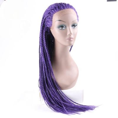 China Braided Box Braids Wig High Quality Black Purple Blonde 28inch Braided Synthetic Box Braids Hair Lace Front Wig Purple for sale