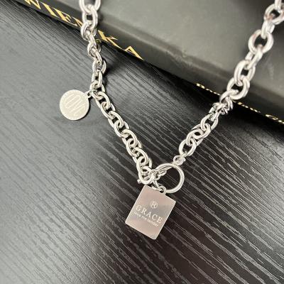 China New Punk Fashion Design Sweater Chain Necklace Stainless Steel Square Medal Engrave Hip Hop Cuban Chain Necklaces for sale