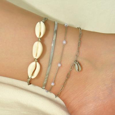 China 4pcs/set BOHEMIA Conch Shell Anklets Vintage Stainless Steel Ankle Chain Foot Bracelet Beach Bohemian Jewelry For Women for sale