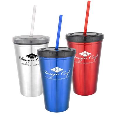 China Viable With Straw Promotional 450ml Double Wall Stainless Steel Travel Tumbler Cup for sale