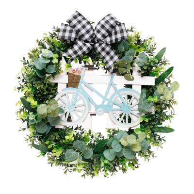 China SYWA26 Artificial Flower Wreath with Decorative Bike and Ribbon for Front Door Decoration Home Wall Hanging Welcome Sign Decoration for sale