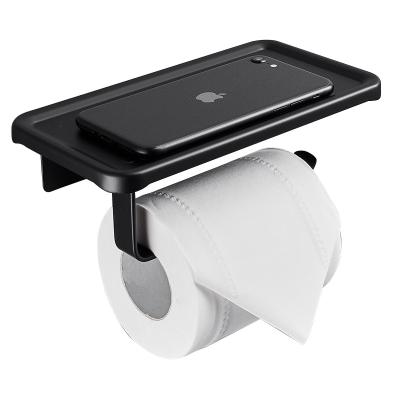 China Sanga Modern Aluminum Wall Mount Tissue Holder Black Bathroom Industrial Toilet Paper Holder With Phone Shelf for sale