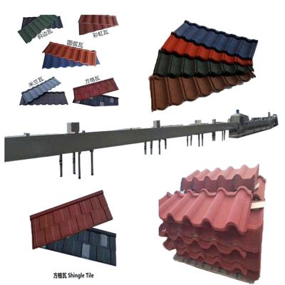 China Building Material Shops Stone Coat Metal Roof Making Machine 0.3 -0.6 Mm Thickness Non Corrosion Stone Coated Tile Production Line for sale