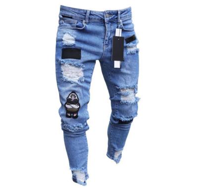 China Breathable Mens Slim Fit Jeans Distressed Destroyed Badge Mens Pants Slim Jeans Pants Men Art Patches Skinny Biker White for sale