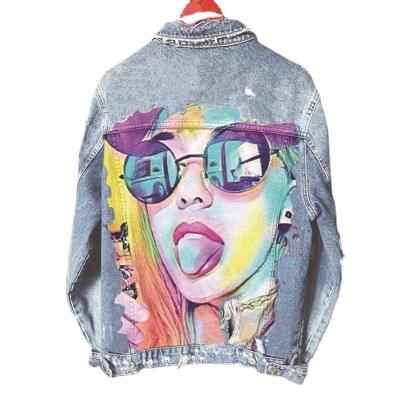 China Autumn Women Casual Jean Jacket Fashion Vintage Cartoon Print Breathable Jeans Jacket Spring Long Sleeve Washed Distressed Denim Jacket for sale