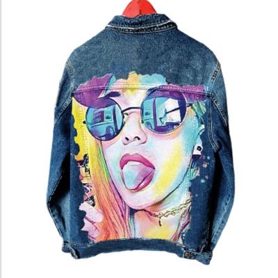 China Newest Design Breathable High Quality Lips Print Fashion Cartoon Jeans Jacket For Women Ripped Distressed Long Sleeve Denim Jacket for sale