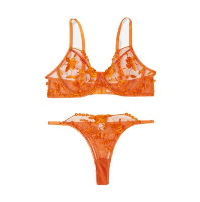 China Popular Sexy Embroidered 100% Polyester Lingerie Set Breathable Mesh Breathable Lace Underwear Orange Beauty Perspective Thong for sale