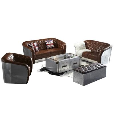 China Brown Chesterfield Tufted Luxury Button Design Leather Living Room Sofa Sets for sale