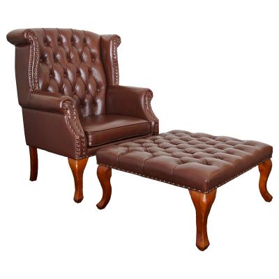 China Retro American Living Room Leather Chesterfield Adorned High Back Sofa Chair Wing Armchair with Ottoman Set for Living Room for sale