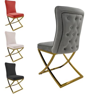 China Comfortable Luxury UK Style Gold Metal Leg Chairs Velvet Fabric Stainless Steel Dining Chair for sale