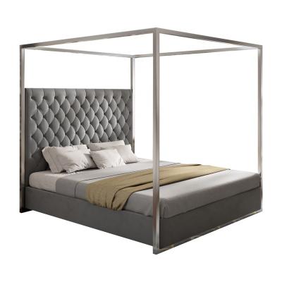 China Luxury Modern Gray Velvet Ribbon Gold Stainless Steel Button Trim Bed Frame for sale