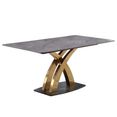 China X Shaped Metal Base Gold Stainless Steel Base Travertine Dining Tables And Chairs Beautiful for sale