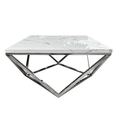 China Foshan Faux Marble Stainless Steel Coffee Table Mirrored High Quality White Sofa Table Living Room Hotel Furniture for sale