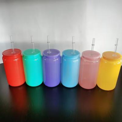 China American Style High Borosilicate Glass Tumbler 16oz Colorful Glass Can with Plastic Lid and Straw for sale