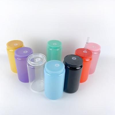 China American Style Glass Can with Plastic Lid and Straw Sublimation Colorful Glass Bottle for Hot and Cold Water for sale