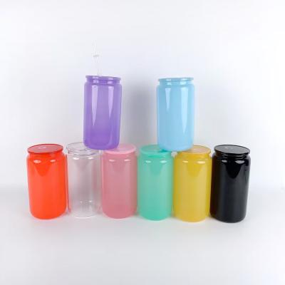 China American Style 2023 Colorful Glass Can with Colorful Plastic lid 16oz High Borosilicate Beer Glass Can Suitable for Hot and Cold Water for sale