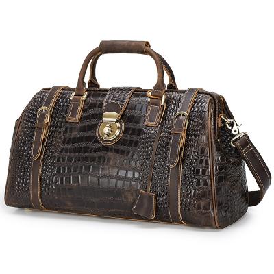 China Vintage Luxury Genuine Leather Men's Crocodile Embossed Weekend Travel Bag Leather Luggage Bag for sale