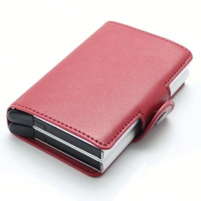 China Automatic Fashion Rfid Prevent Credit Card Wallet Leather Automatic Sliding Card Case for sale