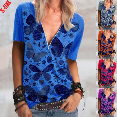 China Anti-Wrinkle New Arrival Butterfly Printed Crochet Short Deep V-Neck Zipper Tee Fashion Women Top Sleeve Blouse for sale