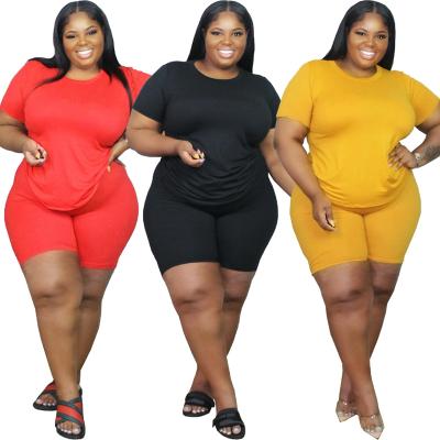 China Anti-Wrinkle New Plus Size Women Solid Short Casual T-shirt Sport Short Sleeve Pants Set Two Piece Set for sale