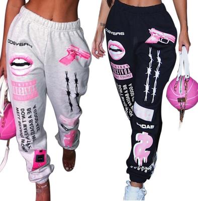 China Anti-Wrinkle Design Hot Chic Fashion Painted Joggers Women High Waist Drawstring Long Pants Streetwear for sale