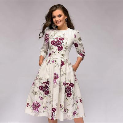 China Women Anti-static Wholesale Causal Dresses Fashion Midi Dress Floral Printed White Long Sleeve Dresses for sale