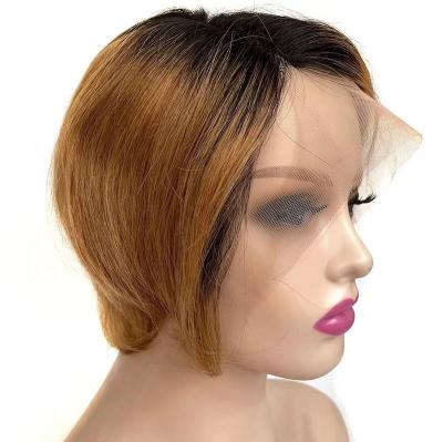 China Curly Pixed Pixie Cut Short Bob Loose Boby Wave Colored Human Hair Wigs For Women Accent Red Pre Plucked 13x1 T Piece Lace Wig for sale