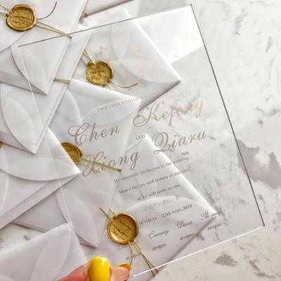 China Cheap Europe Clear Plastic Glass Embossing Acrylic Wedding Invitations Card For Opening Ceremony for sale