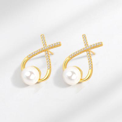 China Trendy High Quality Fashion Cross Crystal Yellow Gold Plated Plastic Bead 925 Silver Needle Ladies Stud Earrings Jewelry For Women for sale