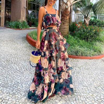 China New Arrival Summer Vacation Beach Ruffle Dress Sundress Breathable Floral Skirt Dress Two Piece Skirt Set for sale