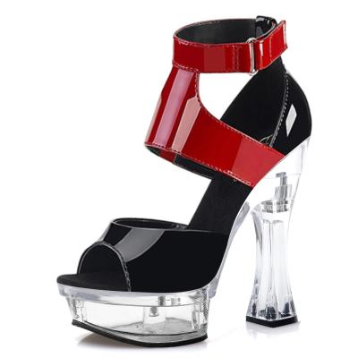 China CUSHIONING 14cm High Heels Black Thick Steel Pole Dancing T-Step Platform Catwalk Sandals Model Fish High Heels Say Leak Elegant Lipstick Sandals for sale