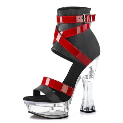 China CUSHIONING Summer Platform Sandals Stripper Shoes Belt 14cm Pole Dancing High Heels 5.5 Inch Tall High Heels Red Walk Model Show for sale