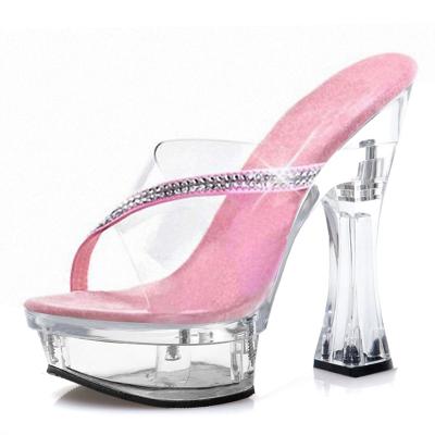 China CUSHIONING Open Toe Rhinestones Crystal Shoes 14cm Platform Step Antiskid Elegant High-Heeled Chunky Transparent Crystal Slippers for sale