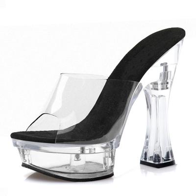 China CUSHIONING 5 inch heel crystal transparent chunky platform high heel slippers open toe exotic stripper demonias poledance sandals for sale