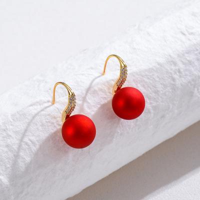 China Solid Gold Color Geometric Hook Earrings Romantic Red Nickel Free Pearl Drop Earrings For Women Minimalist Earrings for sale