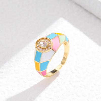 China Adjustable Enamel Colorful Lead Free Nickel Free Ring Fashion Creative Geometric Princess Cutting Cubic Zircon Rings for sale