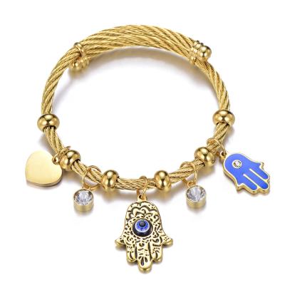 China Gold Plated Stainless Steel Punk Fatima Hand Charm Bracelet For Men Women 18K Blue Eye Bracelet for sale