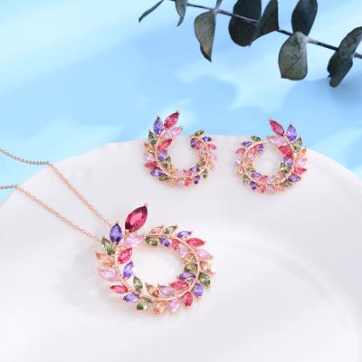 China Environmental Friendly 18K Rose Gold Plated Colorful Zircon Flower Garland Shape Earrings Necklace Jewelry Set for sale