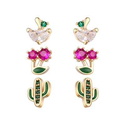 China 2022 Environmental Friendly Jewelry 14K Gold Plated S925 Needle Diamond CZ Mushroom Cherry Cactus Earring Set For Silver Girls for sale