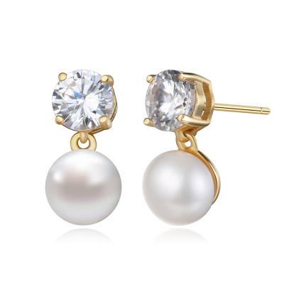 China Romantic Luxurious Shiny Cubic Zirconia Earrings 925 Sterling Silver Natural Freshwater Pearl Stud Earrings for sale