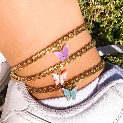 China Environmentally friendly thick Cuban chain style cis jewelry foot chain summer beach butterfly acrylic anklet for sale