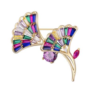 China Environmental Friendly Zircon Inlaid Colorful Ginkgo Leaves Brooch Anti-failure Brooches Pin Women for sale