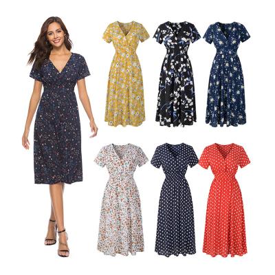 China New Bohemian Beach Chiffon Summer Spring Anti-wrinkle Fashion Women's Casual Sundresses Printed V-Neck Short Sleeve Dress for sale