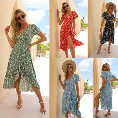 China Anti-Wrinkle Fashion Women's Gypsy Dresses New Chiffon Summer Sleeveless Print V-Neck Ruffle Short Beach Sexy Casual Sundress for sale