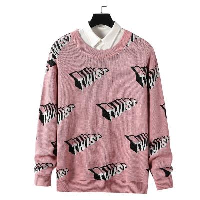 China Anti-wrinkle Designer New Make Jacquard Pattern Cotton Cashmere Knitted Woolen Crewneck Sweater Men for sale