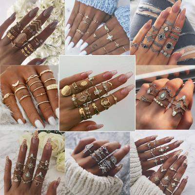 China Environmental Friendly Hot Selling Jewelry 12/10 Piece Set Water Drop Diamond Pearl Geometric Ladies Gold Mini Finger Rings Set for sale