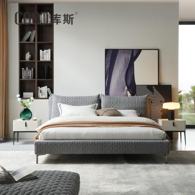 China Italy Comfortable Modern Minimalist Style Solid Wood Bedroom Furniture Set Fabric Luxury Hotel Bed Linen Design With Soft High Headboard for sale