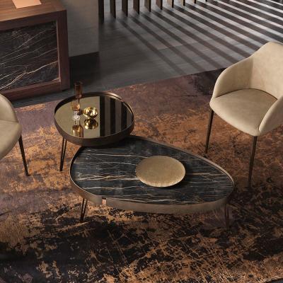 China Slate Series Tempered Glass Bronze Carbon Steel Frame Style Italian Solid Wood Modern Lightweight Luxury Coffee Table for sale